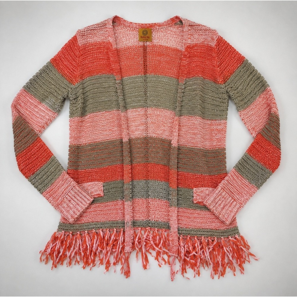 Ruby‎ Rd Petite Boho Fringe Cardigan Open Knit Coastal Festival Sweater